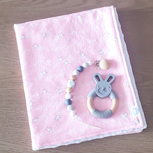 Load image into Gallery viewer, *Special Order* Nighty Night Wild Thing Lovey (Pink Stars), Gray Silicone Bunny Teether, Gray Silicone &amp; Wood Pacifier Clip
