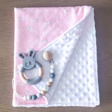 Load image into Gallery viewer, *Special Order* Nighty Night Wild Thing Lovey (Pink Stars), Gray Silicone Bunny Teether, Gray Silicone &amp; Wood Pacifier Clip
