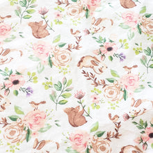 Load image into Gallery viewer, Spring Floral Patch Blanket with Bunnies flannel back.
